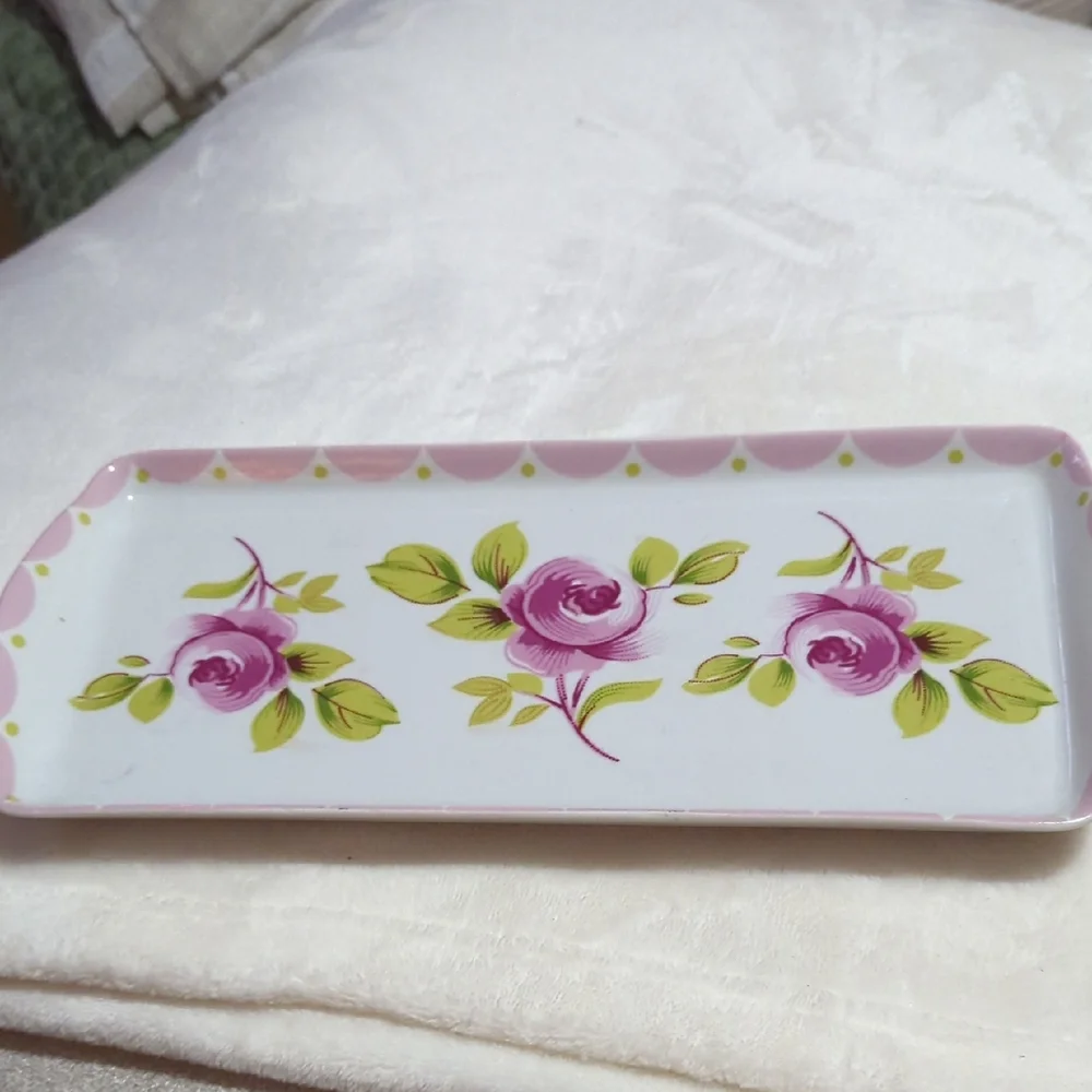 Pink and Green Vanity Tray with Floral Design